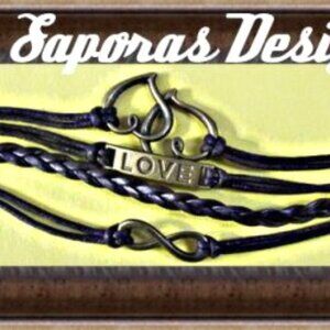 Multi-Layered Brown Leather Bracelet With Braid Hearts Love & Infinity Charms